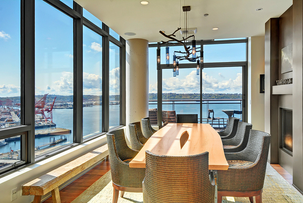 Custom chandelier, massive picture windows